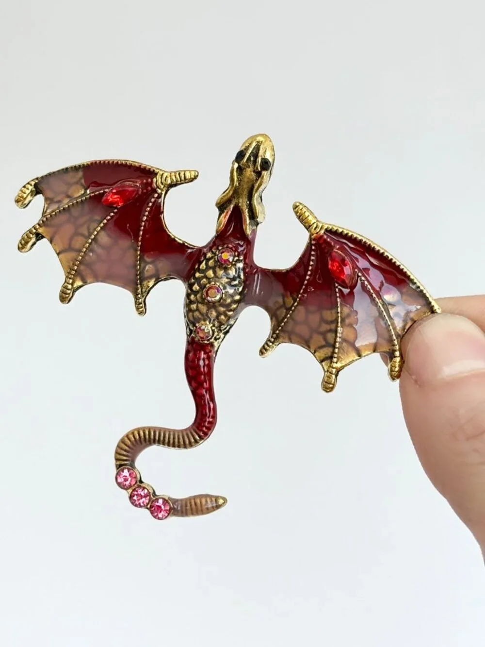 Flying Dragon Figural Red Winged Enameled Rhinestone Ornate Textured Brooch Pin